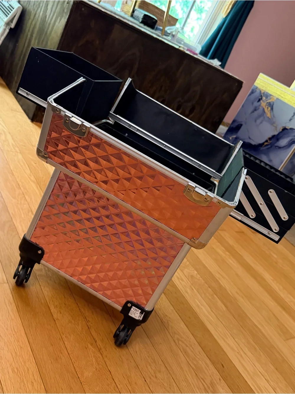 Portable Pink Holographic Makeup Case with Wheels
